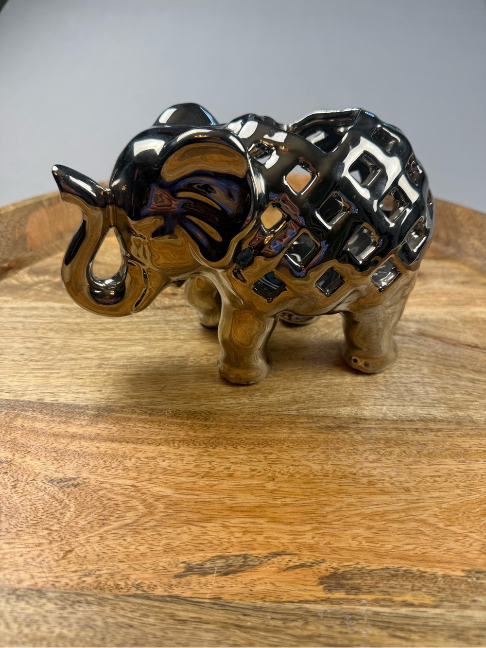 Glossy Silver Elephant Candle Holder Metallic Lattice Home Decor